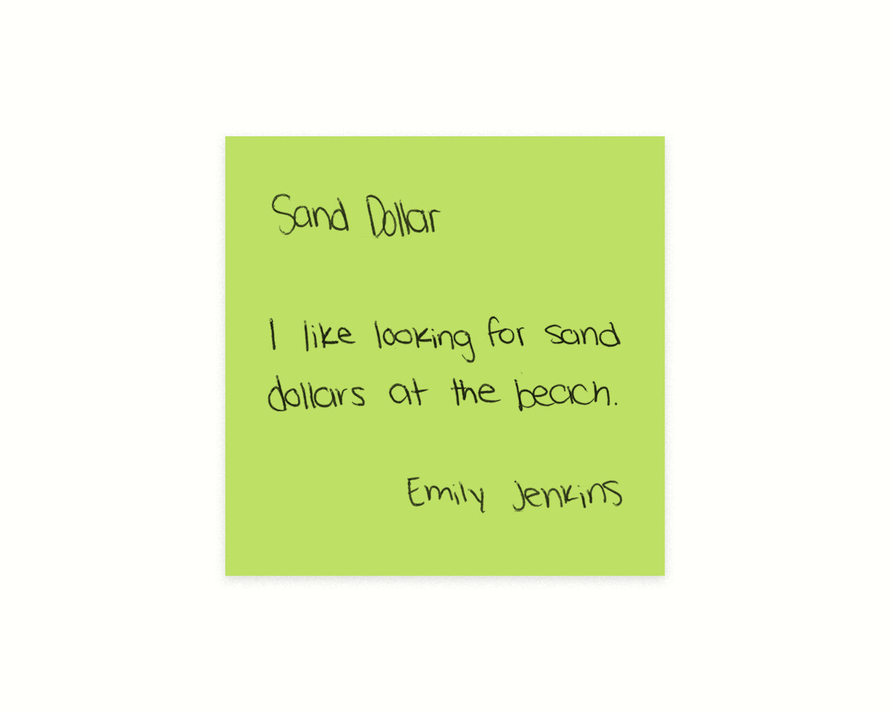 Green post-it note showcasing the Sand Dollar suggestion and story from a community member, signed by her